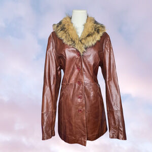 Vtg 90s Wilsons Leather Long Brown Faux Fur Collar Pennylane Trench Coat Sz L